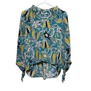 Christian Siriano New York Women's Medium Teal Floral Print Tie Sleeve Blouse